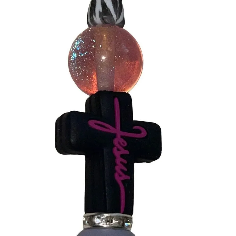 Jesus cross Christian pen handmade black pink Galaxy glitter bling NEW